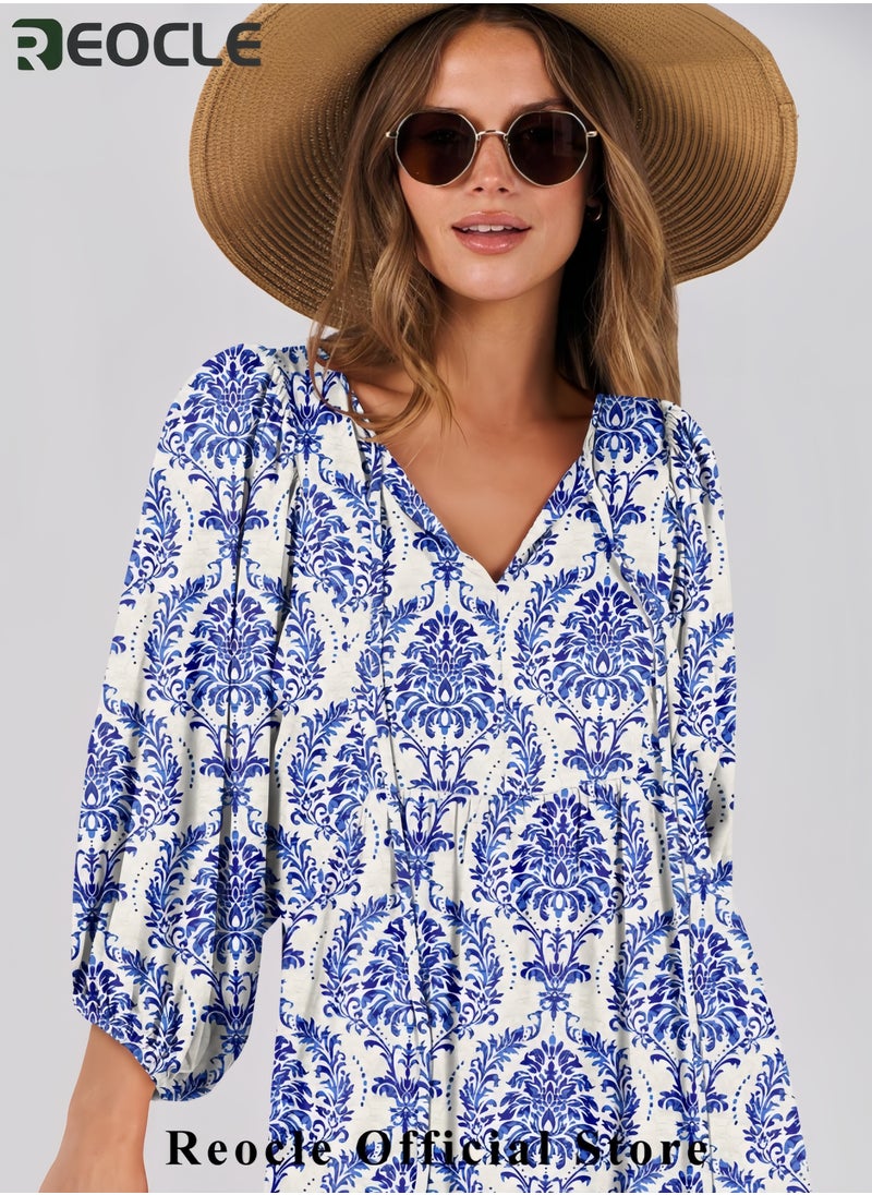 Womens Boho Maxi Dresses Summer V Neck Puff Sleeve Floral Flowy Swing Casual Long Dress