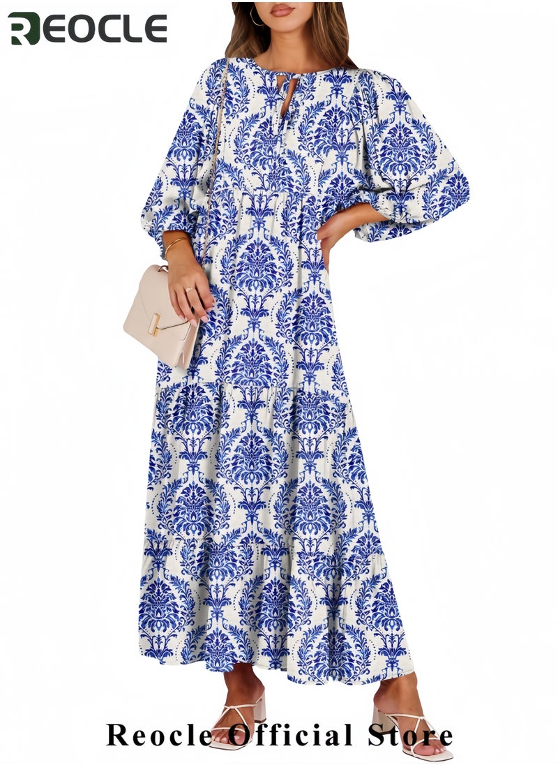 Womens Boho Maxi Dresses Summer V Neck Puff Sleeve Floral Flowy Swing Casual Long Dress