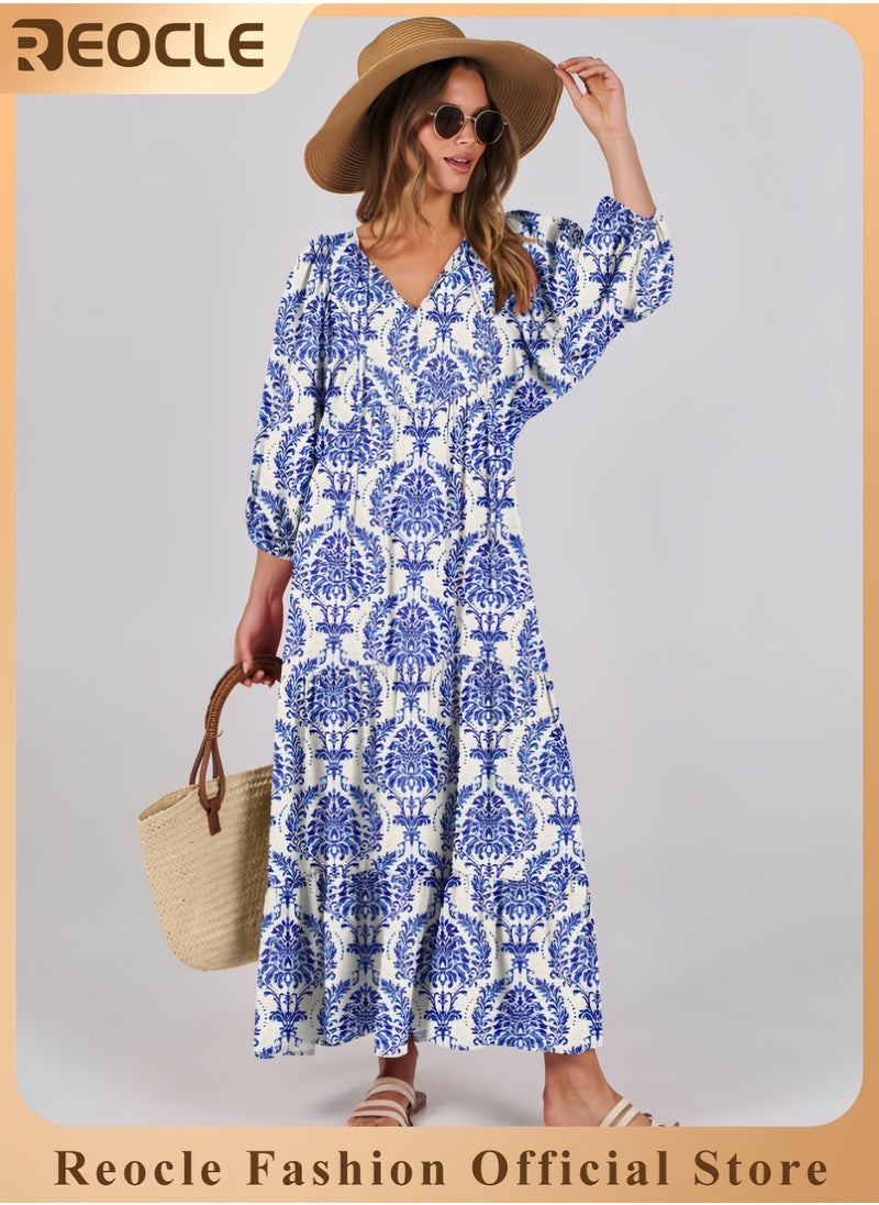 Womens Boho Maxi Dresses Summer V Neck Puff Sleeve Floral Flowy Swing Casual Long Dress