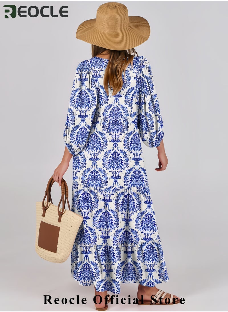 Womens Boho Maxi Dresses Summer V Neck Puff Sleeve Floral Flowy Swing Casual Long Dress