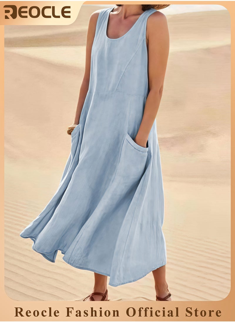 Summer Dresses for Women Casual Print Boho Sundress Crew Neck Sleeveless Pockets Beach Vacation Maxi Dresses