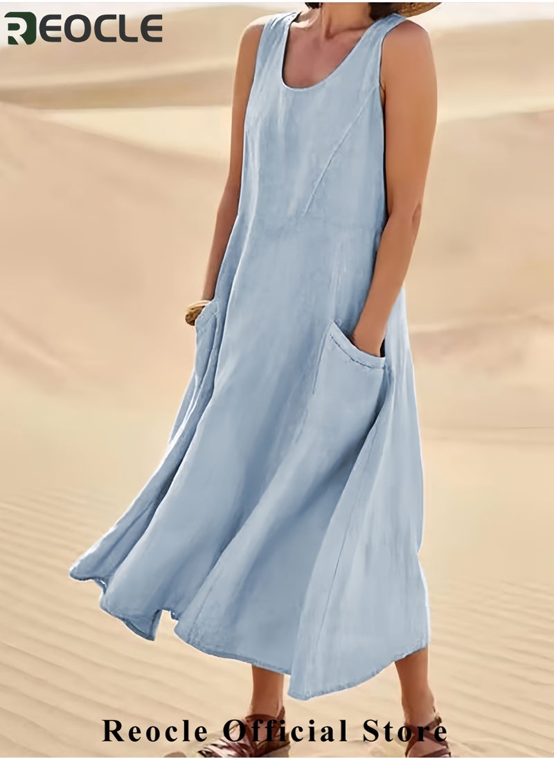 Summer Dresses for Women Casual Print Boho Sundress Crew Neck Sleeveless Pockets Beach Vacation Maxi Dresses