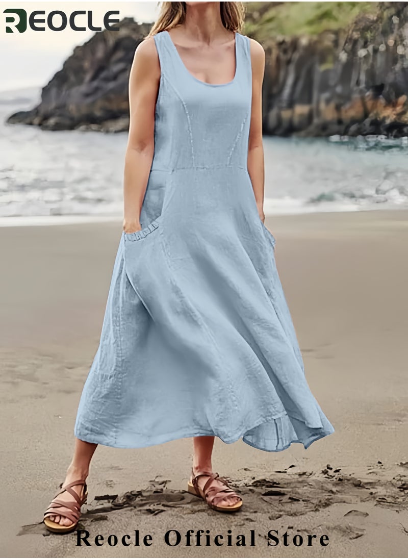 Summer Dresses for Women Casual Print Boho Sundress Crew Neck Sleeveless Pockets Beach Vacation Maxi Dresses