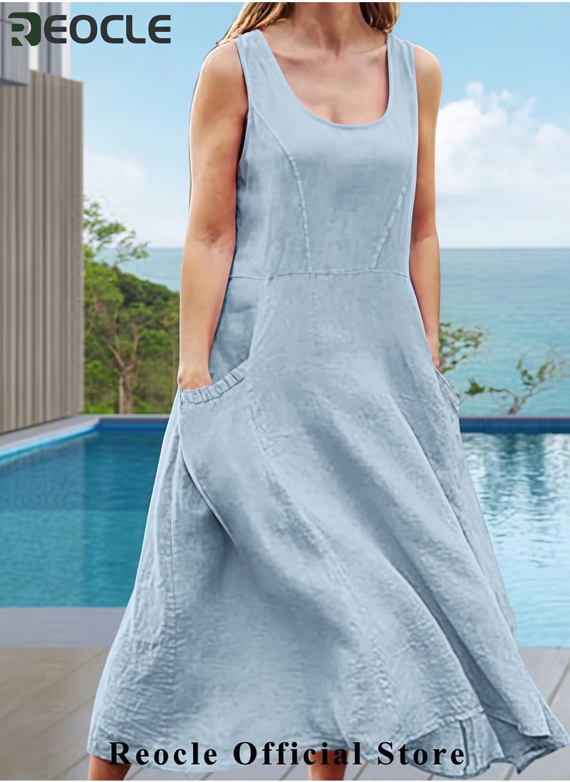 Summer Dresses for Women Casual Print Boho Sundress Crew Neck Sleeveless Pockets Beach Vacation Maxi Dresses