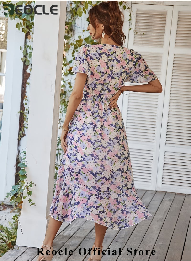 Women's Summer Floral Boho Dress Wrap V Neck Short Sleeve Ruffle A-Line Flowy Maxi Wedding Guest Dresses