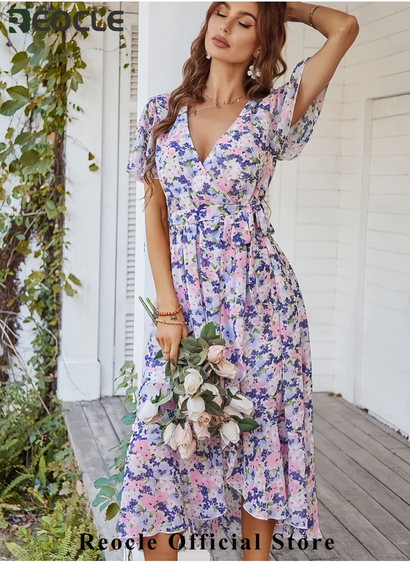 Women's Summer Floral Boho Dress Wrap V Neck Short Sleeve Ruffle A-Line Flowy Maxi Wedding Guest Dresses