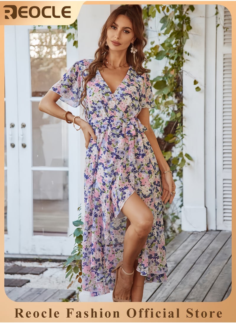 Women's Summer Floral Boho Dress Wrap V Neck Short Sleeve Ruffle A-Line Flowy Maxi Wedding Guest Dresses