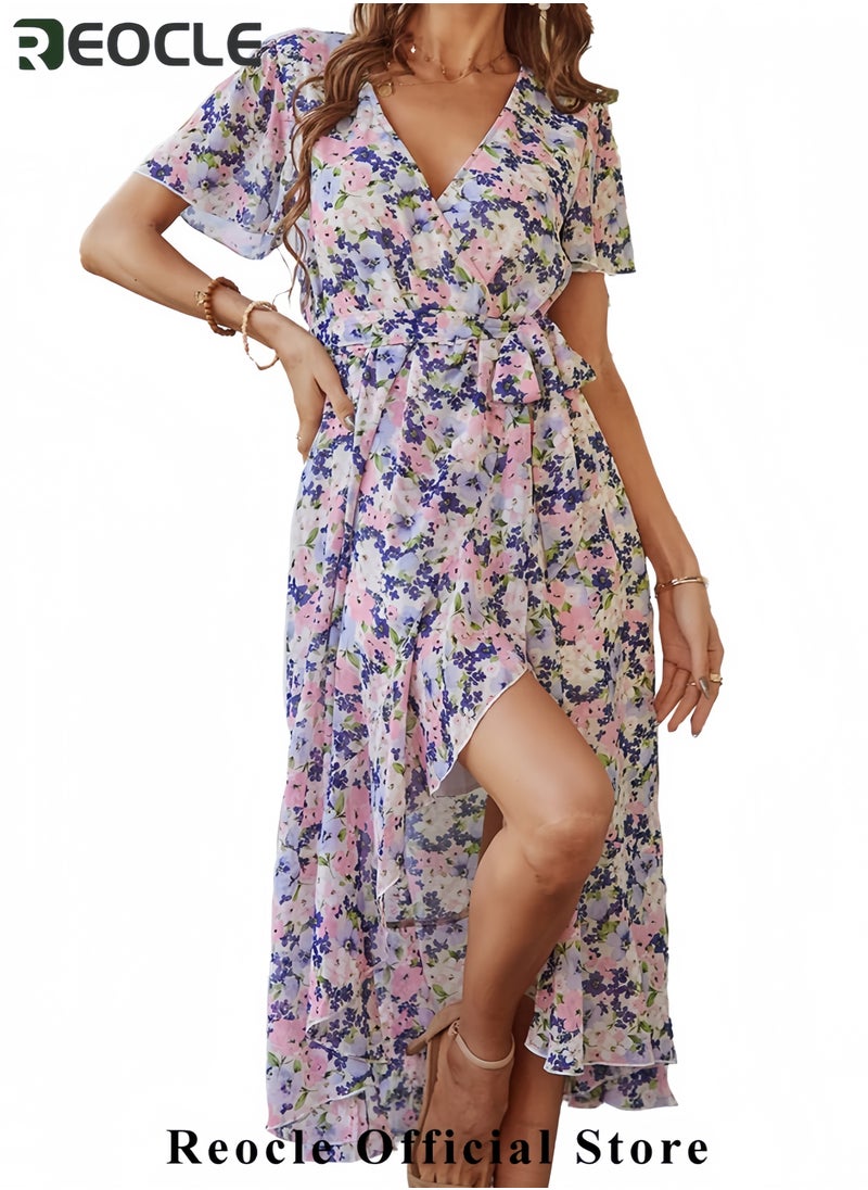 Women's Summer Floral Boho Dress Wrap V Neck Short Sleeve Ruffle A-Line Flowy Maxi Wedding Guest Dresses