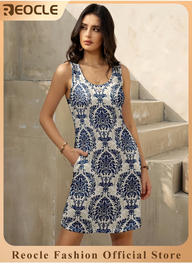 Women's Summer Dress Sleeveless Floral Boho Sundress Swimsuit Coverup Casual Loose Beach Vacation Tank Dresses