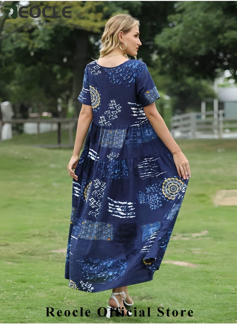 Women Casual Loose Bohemian Floral Dress with Pockets Short Sleeve Long Maxi Summer Beach Swing Dress EJF