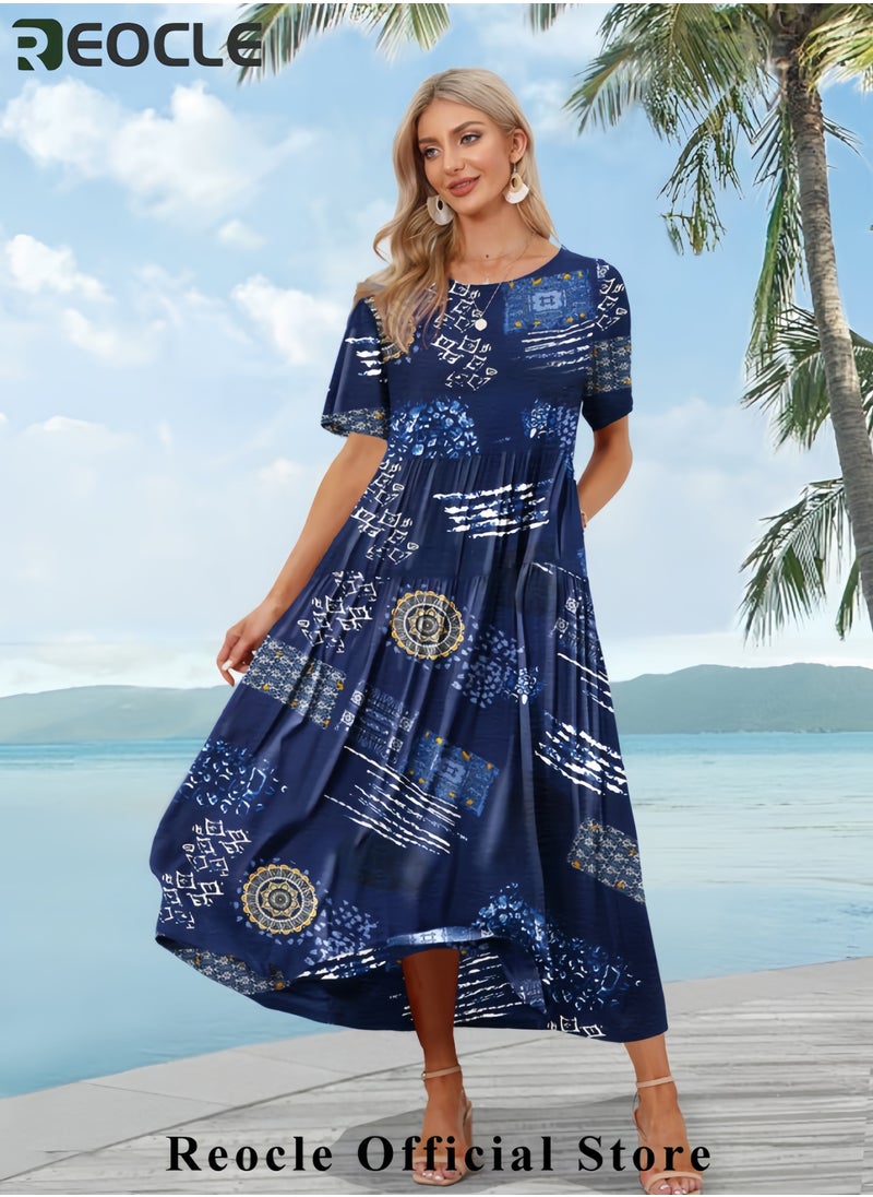 Women Casual Loose Bohemian Floral Dress with Pockets Short Sleeve Long Maxi Summer Beach Swing Dress EJF