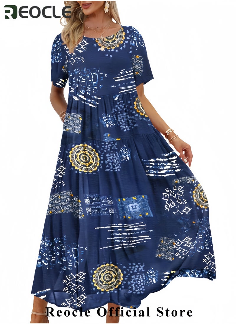 Women Casual Loose Bohemian Floral Dress with Pockets Short Sleeve Long Maxi Summer Beach Swing Dress EJF