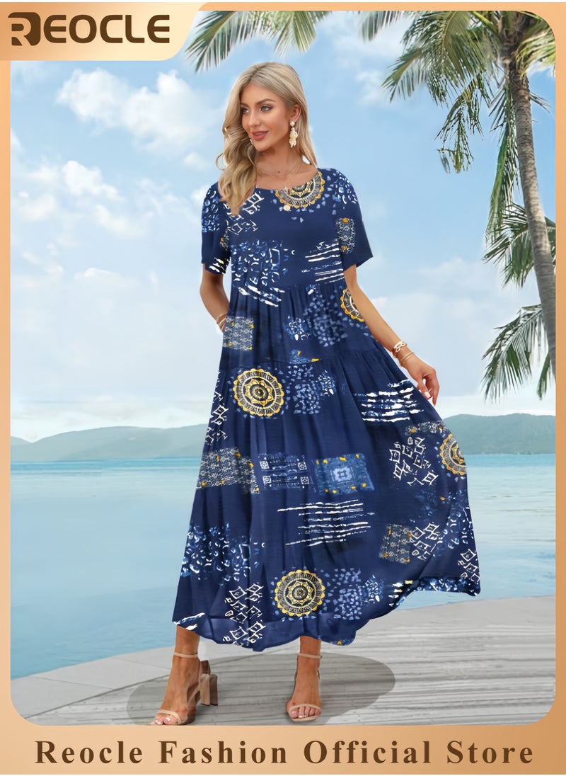Women Casual Loose Bohemian Floral Dress with Pockets Short Sleeve Long Maxi Summer Beach Swing Dress EJF