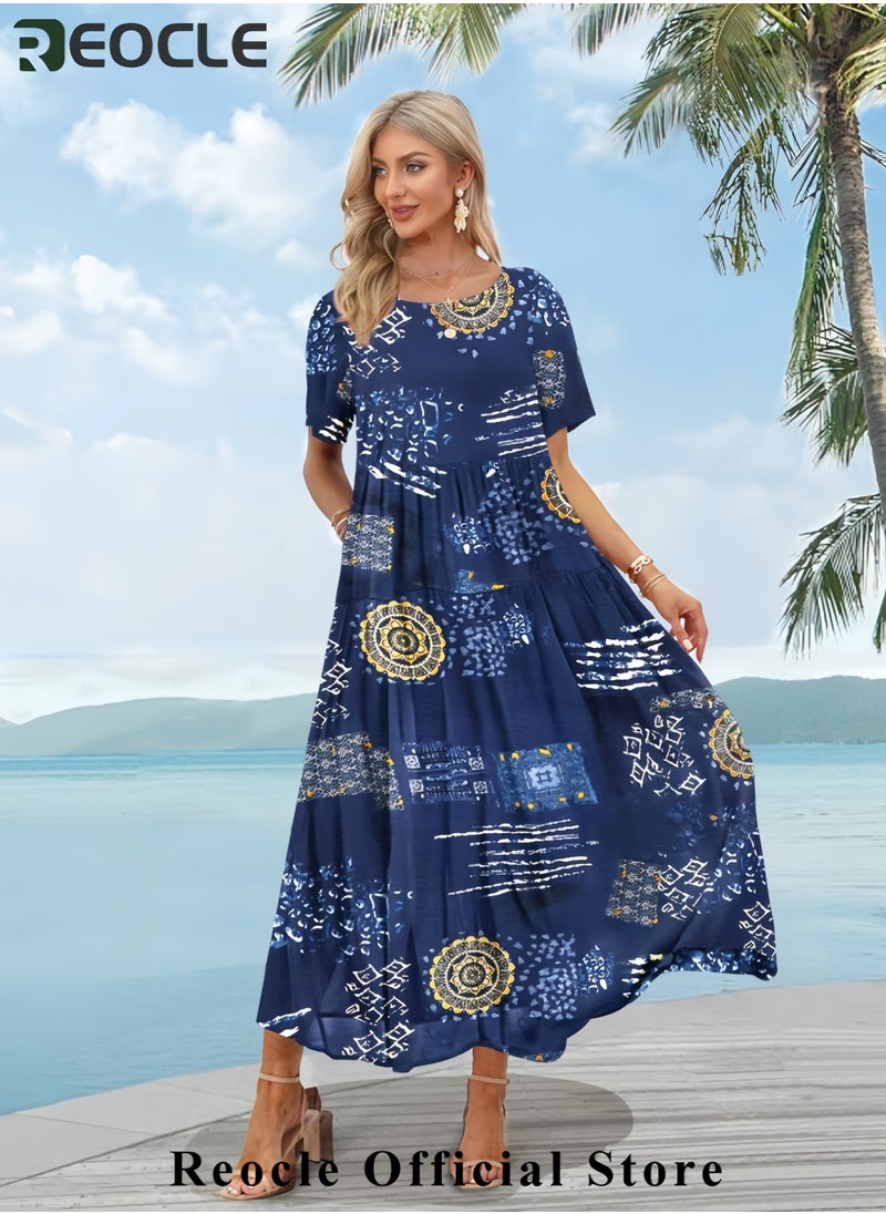 Women Casual Loose Bohemian Floral Dress with Pockets Short Sleeve Long Maxi Summer Beach Swing Dress EJF
