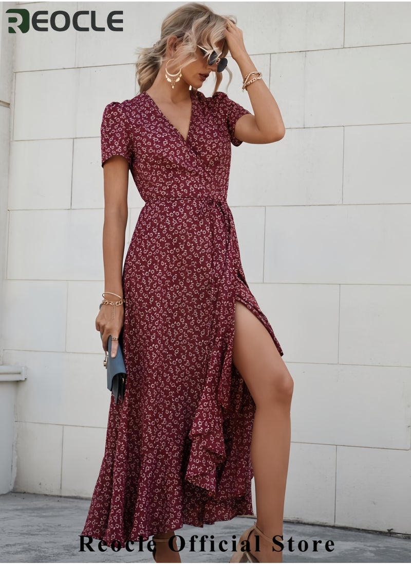Women's Summer Wrap Maxi Dress Casual Boho Floral V Neck Short Sleeve Ruffle Hem Split Beach Long Dresses