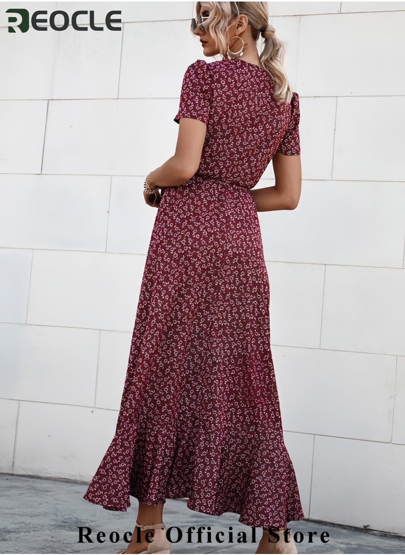 Women's Summer Wrap Maxi Dress Casual Boho Floral V Neck Short Sleeve Ruffle Hem Split Beach Long Dresses
