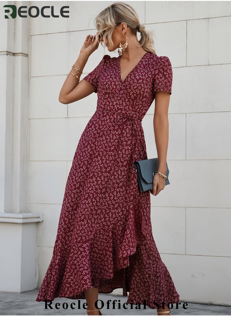 Women's Summer Wrap Maxi Dress Casual Boho Floral V Neck Short Sleeve Ruffle Hem Split Beach Long Dresses
