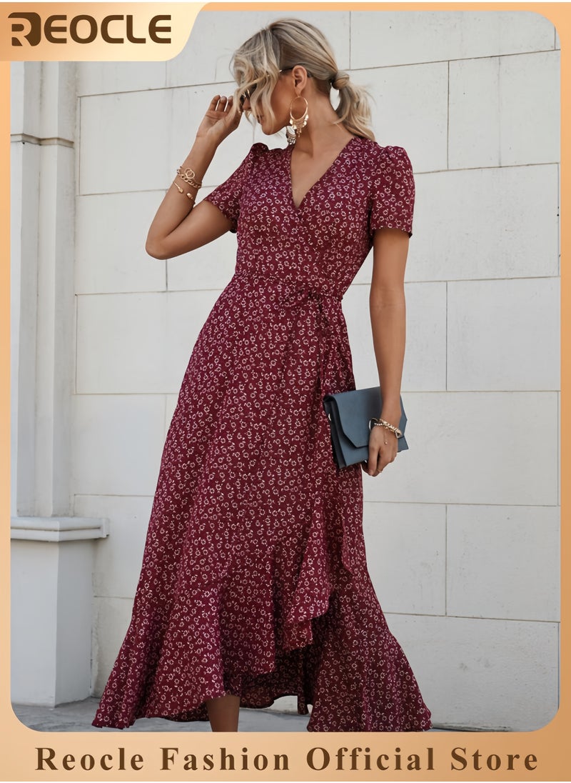 Women's Summer Wrap Maxi Dress Casual Boho Floral V Neck Short Sleeve Ruffle Hem Split Beach Long Dresses
