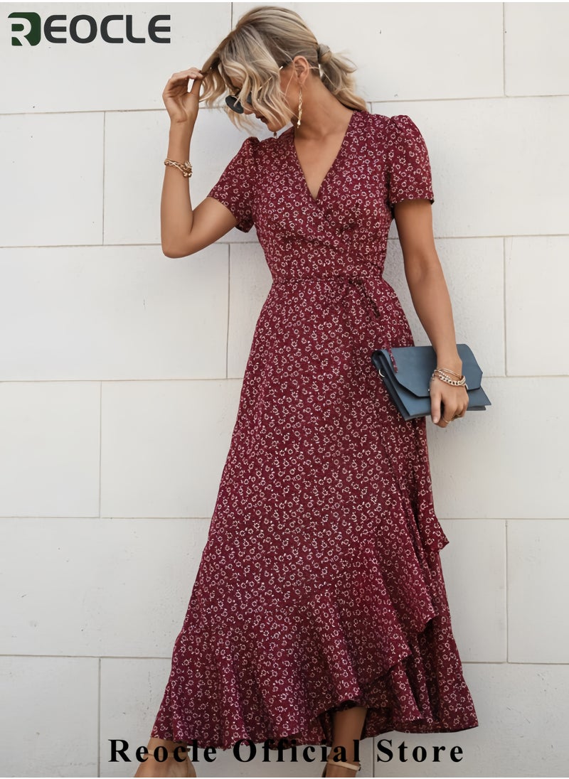 Women's Summer Wrap Maxi Dress Casual Boho Floral V Neck Short Sleeve Ruffle Hem Split Beach Long Dresses