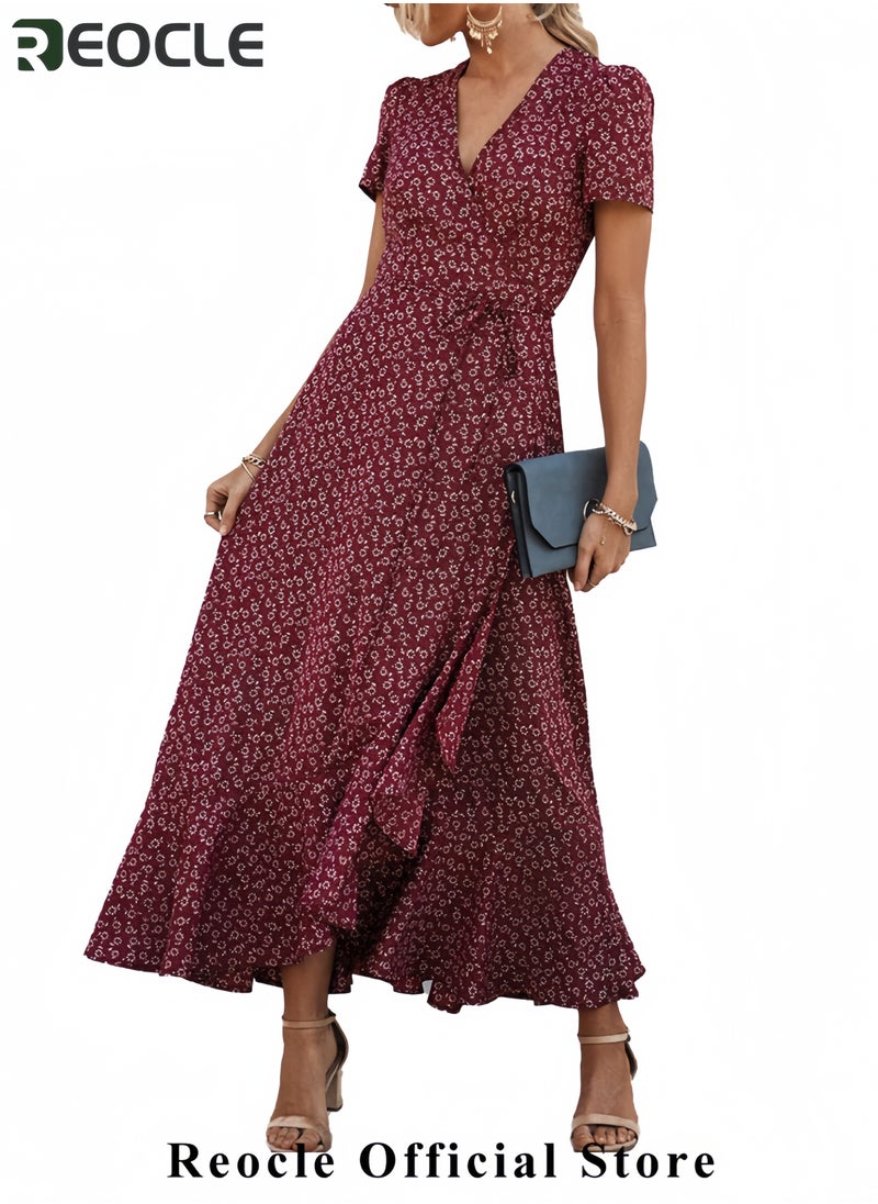 Women's Summer Wrap Maxi Dress Casual Boho Floral V Neck Short Sleeve Ruffle Hem Split Beach Long Dresses