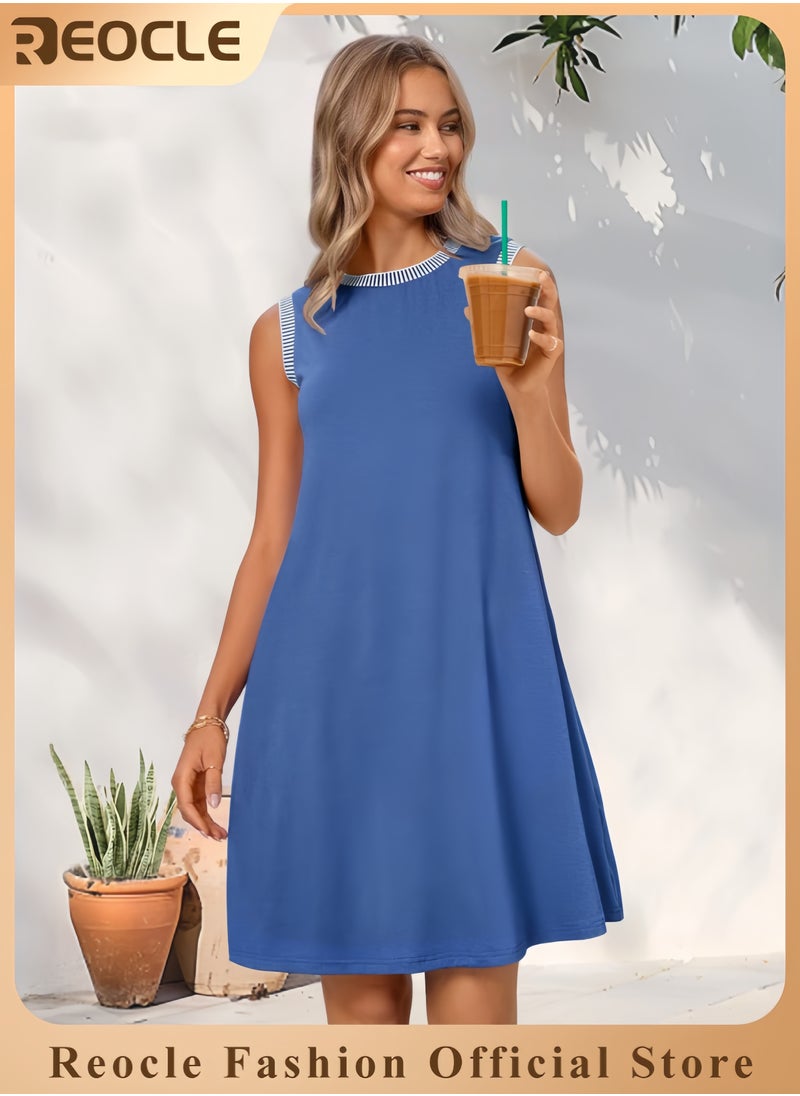 Women's Summer Spring Casual Sundress Beach Vacation Sleeveless Tank Crewneck Coverup Mini Dresses