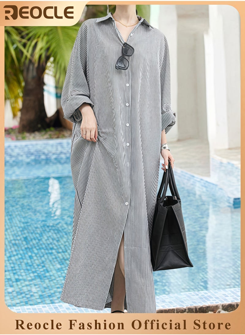 Women's Casual Long Sleeve Button Down Loose Striped Cotton Maxi Shirt Dress