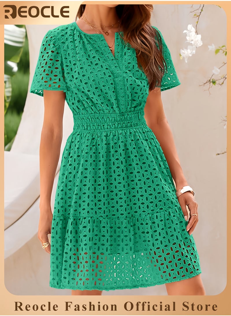 Womens Summer Short Dress V Neck Short Sleeve A Line Hollow Out Lace Ruffle Cute Casual Beach Party Dresses