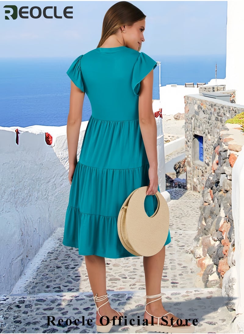Womens Summer Dress Ruffle Sleeve V Neck Midi Dresses Fashion Casual Fit Flowy Tiered Boho Beach Vacation Sundress