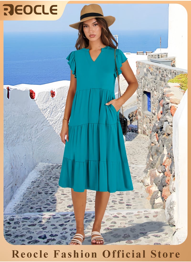 Womens Summer Dress Ruffle Sleeve V Neck Midi Dresses Fashion Casual Fit Flowy Tiered Boho Beach Vacation Sundress