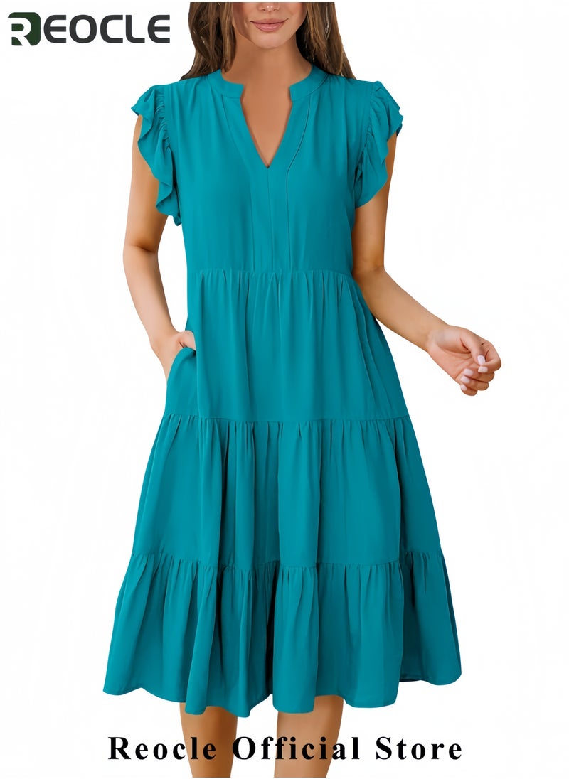 Womens Summer Dress Ruffle Sleeve V Neck Midi Dresses Fashion Casual Fit Flowy Tiered Boho Beach Vacation Sundress