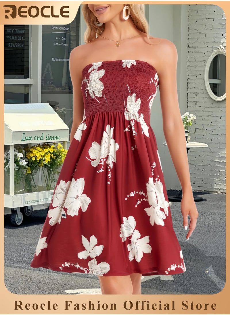 Summer Dresses for Women Beach Cover Ups Strapless Boho Floral Print Sundress