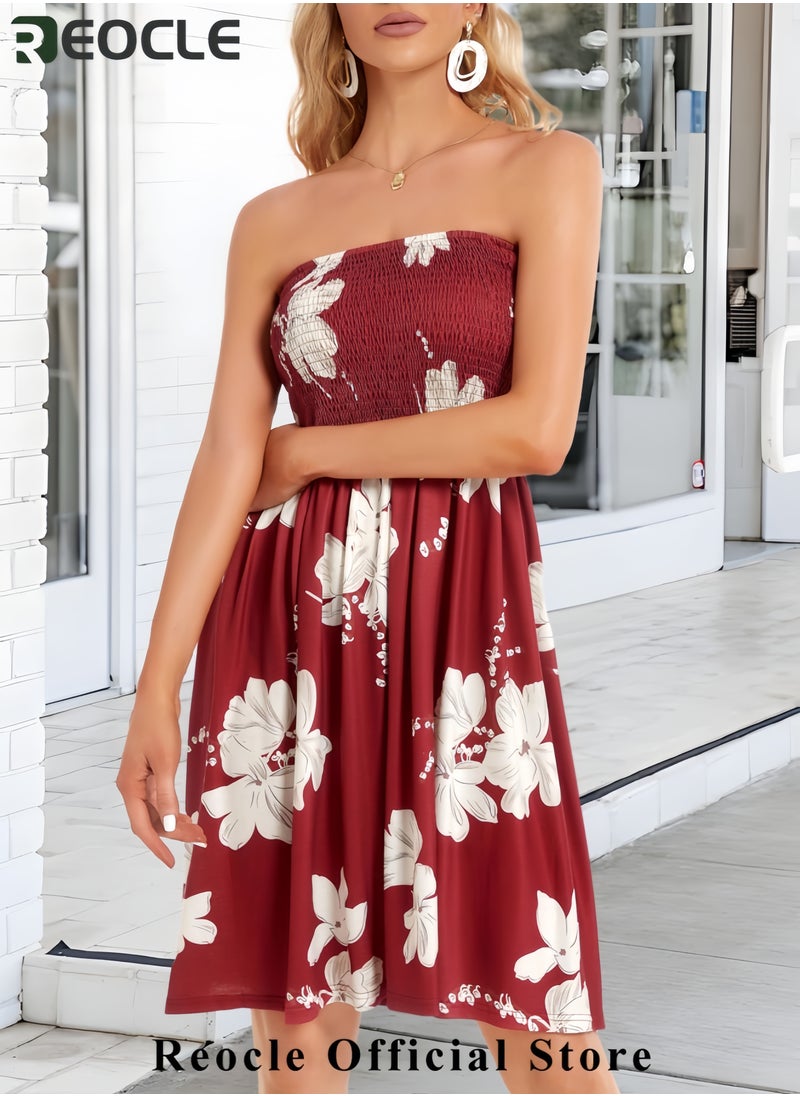 Summer Dresses for Women Beach Cover Ups Strapless Boho Floral Print Sundress