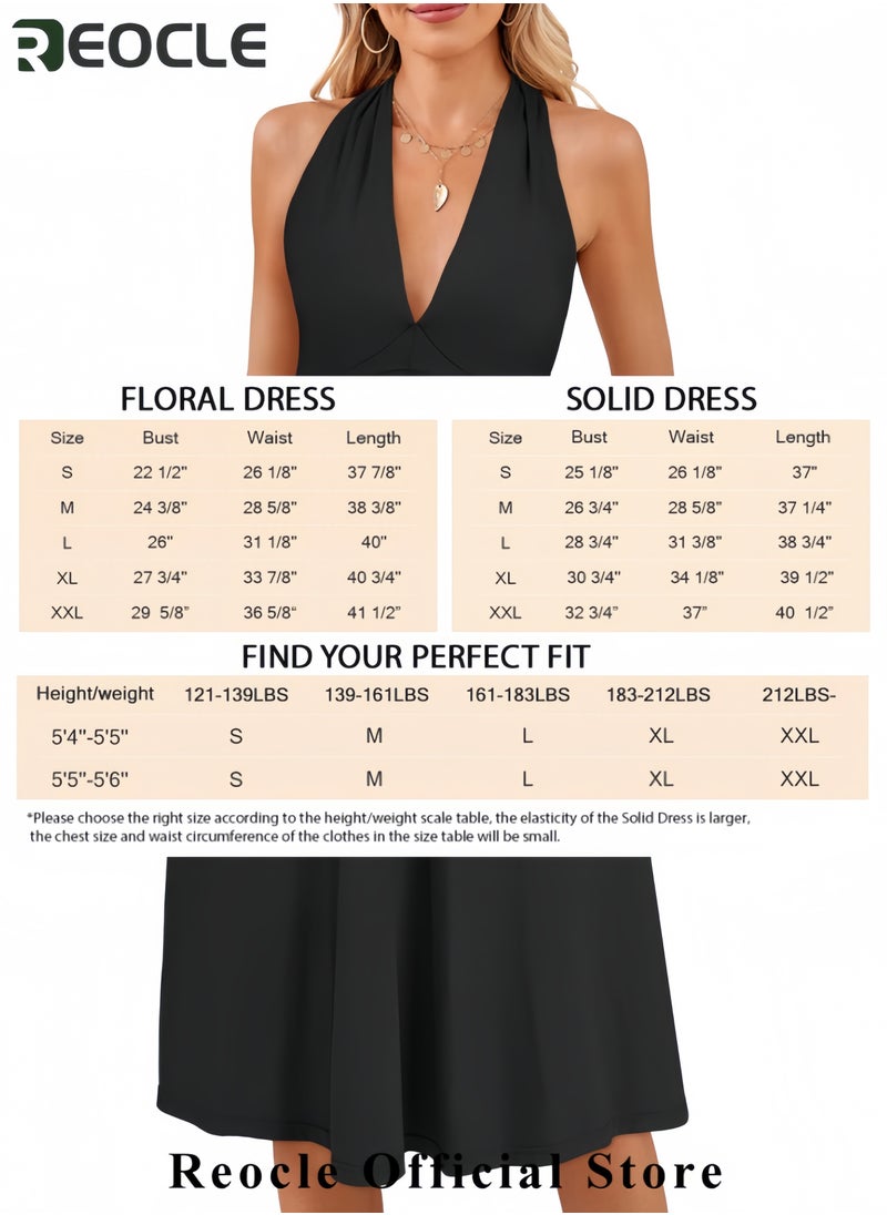 Women's Summer Sundress Sleeveless Halter Neck Spring Floral with Pocket Elastic Waist Ruffle Mini Dresses