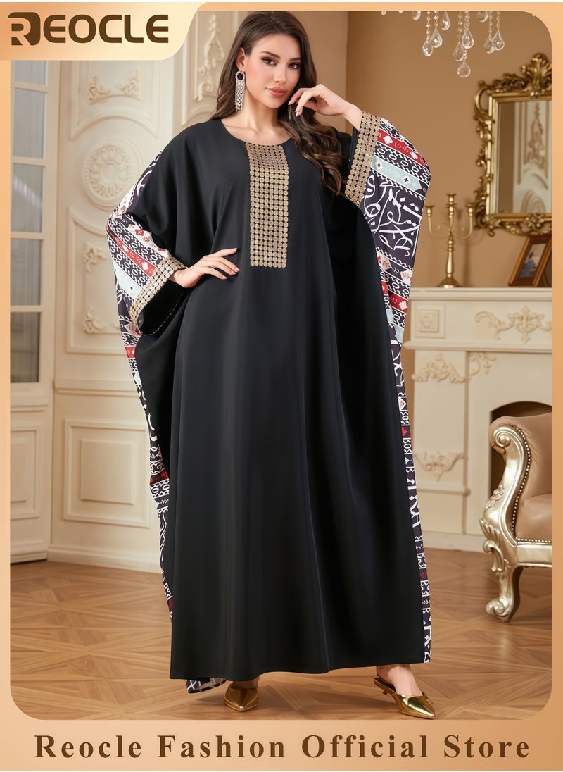 Women's Beaded Embroidered Maxi Robe Elegant Chiffon Gown with Ethnic Print Flowing Long Abaya Luxury Round Collar Dress for Weddings Evening Parties and Formal Occasions