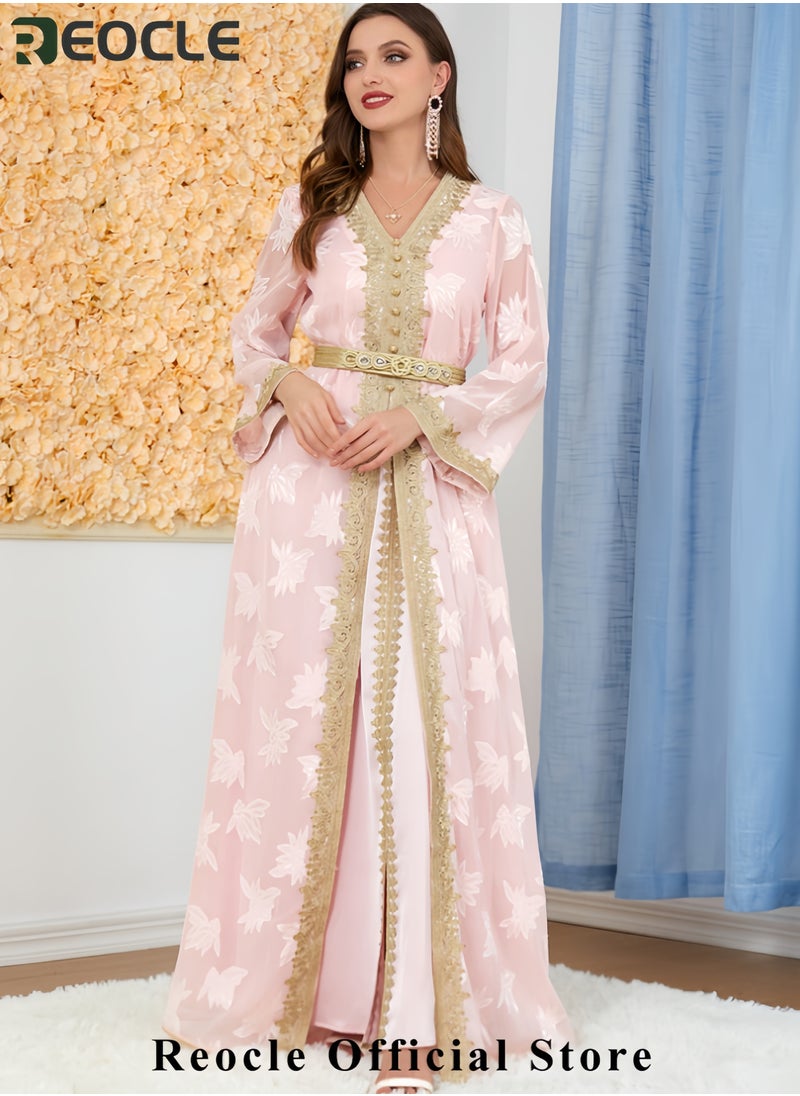 Women's Elegant Embroidered Kaftan Gown Luxury Chiffon Satin Maxi Dress with Golden Lace Details Formal Abaya for Weddings Banquets & Special Occasions