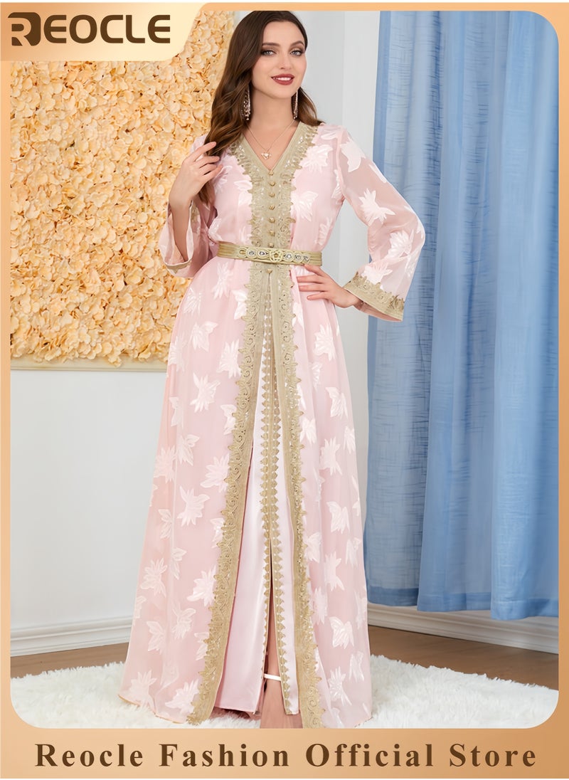 Women's Elegant Embroidered Kaftan Gown Luxury Chiffon Satin Maxi Dress with Golden Lace Details Formal Abaya for Weddings Banquets & Special Occasions