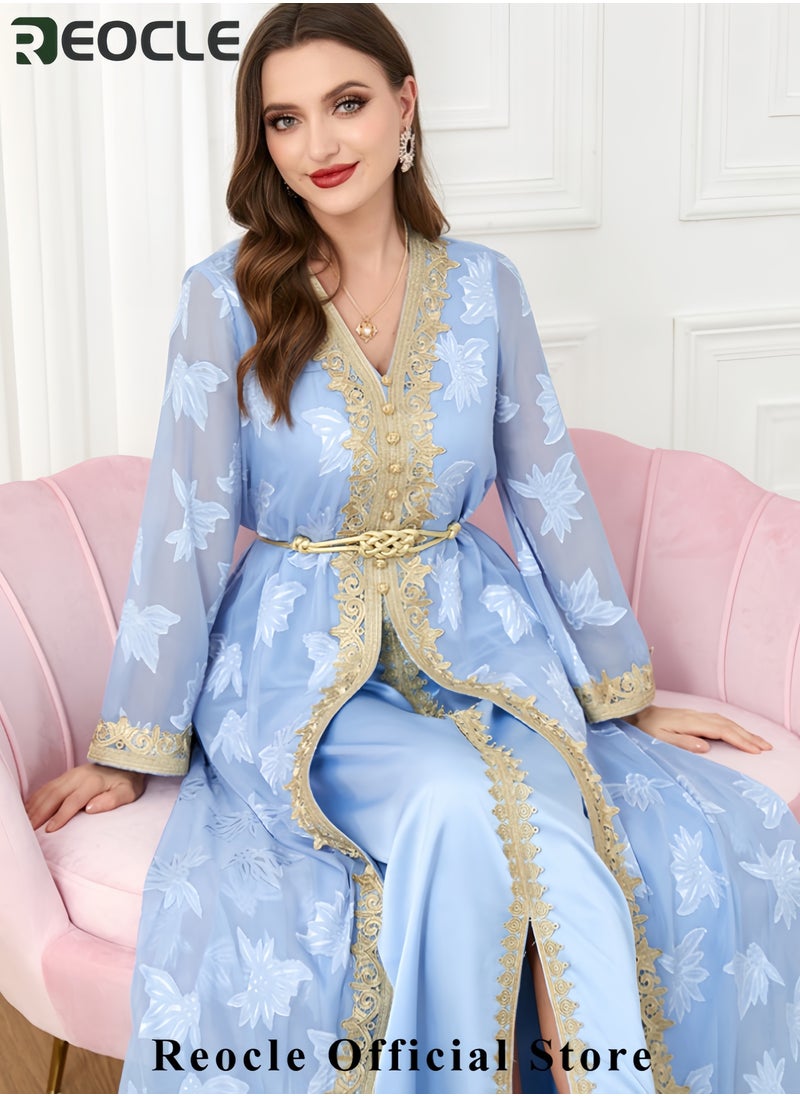 Women's Elegant Embroidered Kaftan Gown Luxury Chiffon Satin Maxi Dress with Golden Lace Details Formal Abaya for Weddings Banquets & Special Occasions
