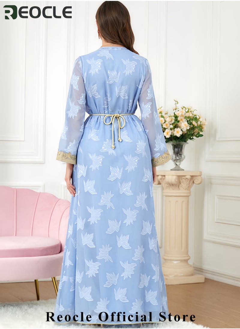 Women's Elegant Embroidered Kaftan Gown Luxury Chiffon Satin Maxi Dress with Golden Lace Details Formal Abaya for Weddings Banquets & Special Occasions