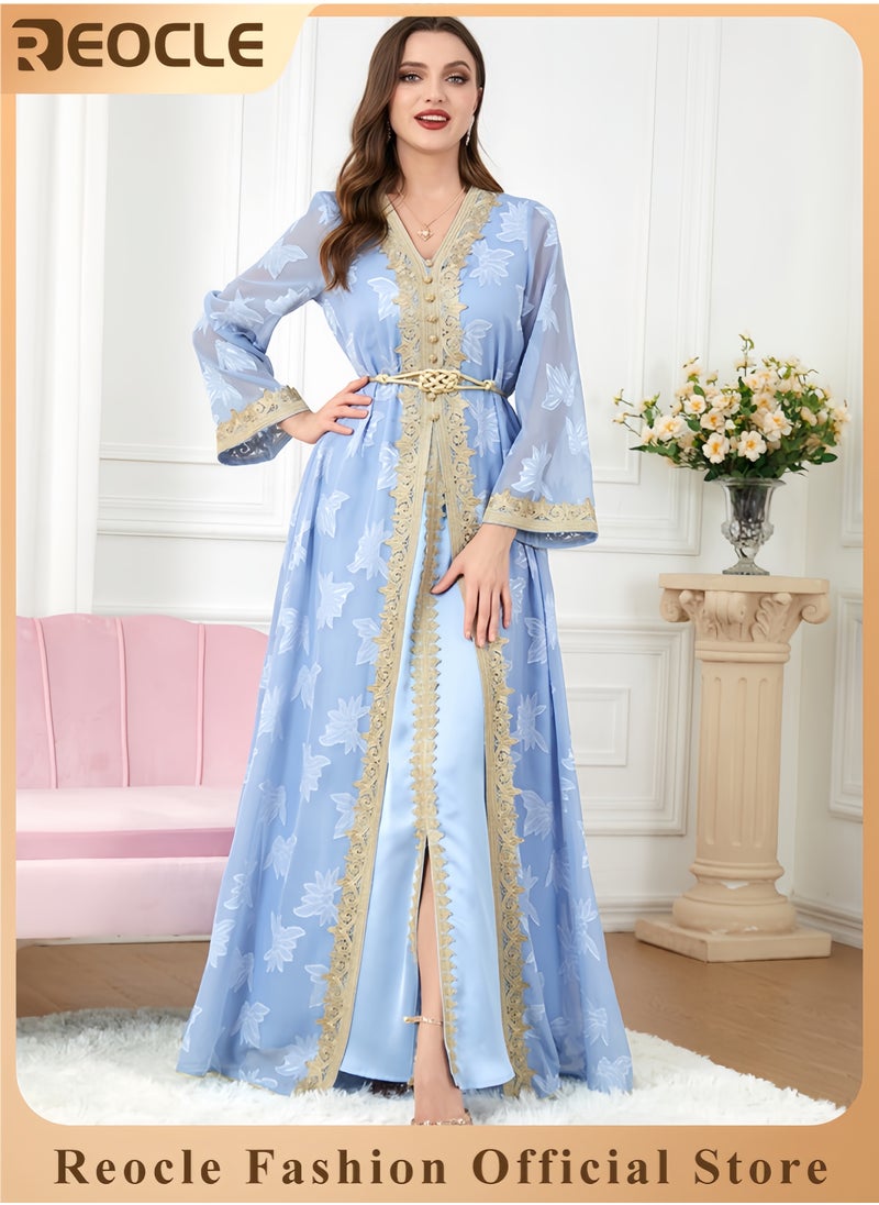 Women's Elegant Embroidered Kaftan Gown Luxury Chiffon Satin Maxi Dress with Golden Lace Details Formal Abaya for Weddings Banquets & Special Occasions