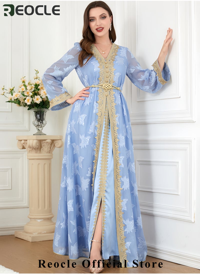 Women's Elegant Embroidered Kaftan Gown Luxury Chiffon Satin Maxi Dress with Golden Lace Details Formal Abaya for Weddings Banquets & Special Occasions