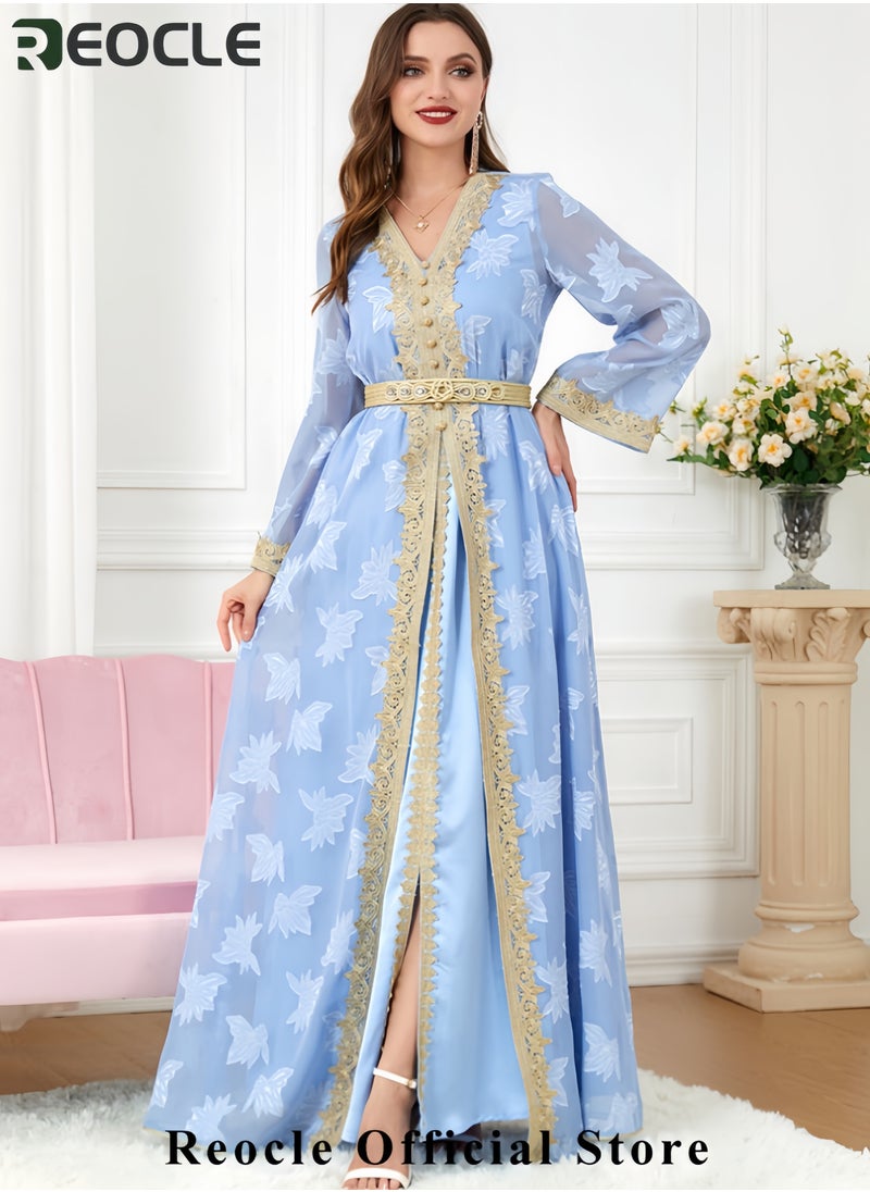 Women's Elegant Embroidered Kaftan Gown Luxury Chiffon Satin Maxi Dress with Golden Lace Details Formal Abaya for Weddings Banquets & Special Occasions