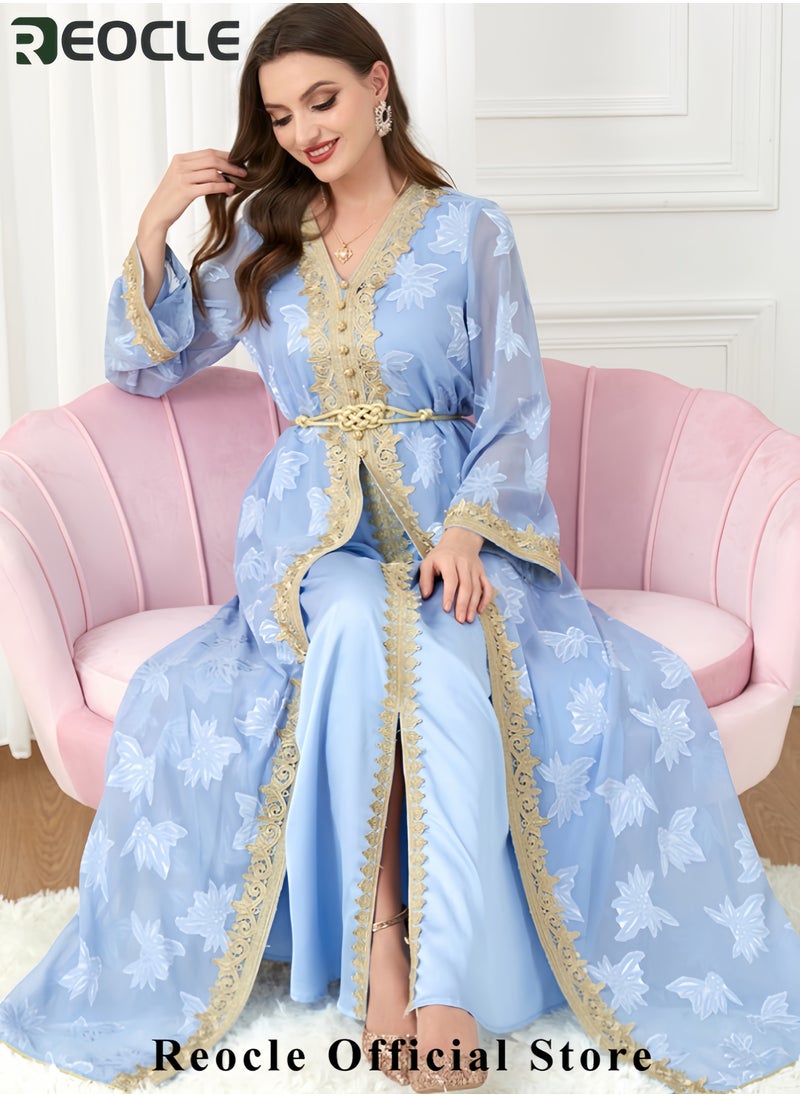 Women's Elegant Embroidered Kaftan Gown Luxury Chiffon Satin Maxi Dress with Golden Lace Details Formal Abaya for Weddings Banquets & Special Occasions