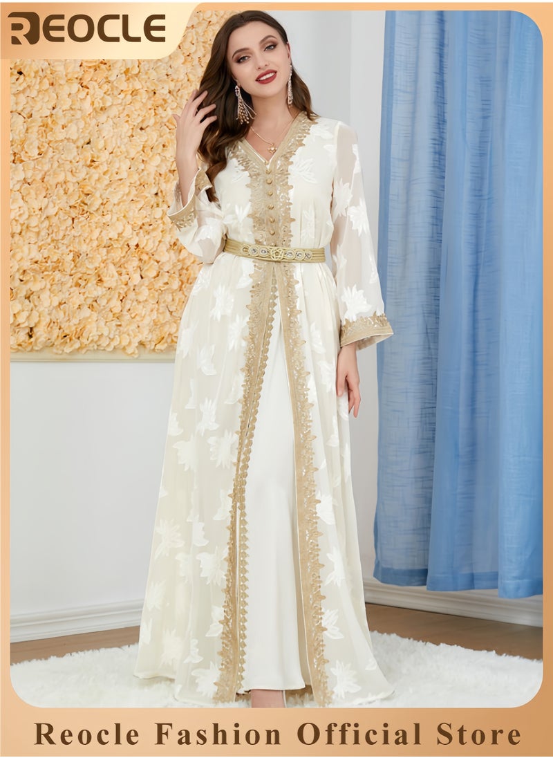 Women's Elegant Embroidered Kaftan Gown Luxury Chiffon Satin Maxi Dress with Golden Lace Details Formal Abaya for Weddings Banquets & Special Occasions