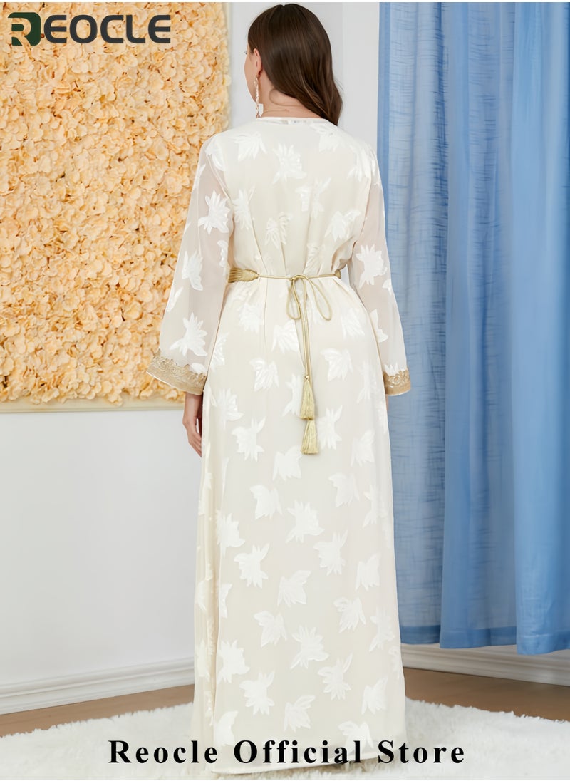 Women's Elegant Embroidered Kaftan Gown Luxury Chiffon Satin Maxi Dress with Golden Lace Details Formal Abaya for Weddings Banquets & Special Occasions