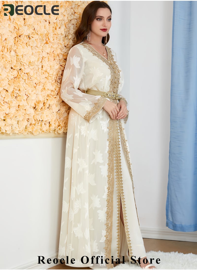 Women's Elegant Embroidered Kaftan Gown Luxury Chiffon Satin Maxi Dress with Golden Lace Details Formal Abaya for Weddings Banquets & Special Occasions