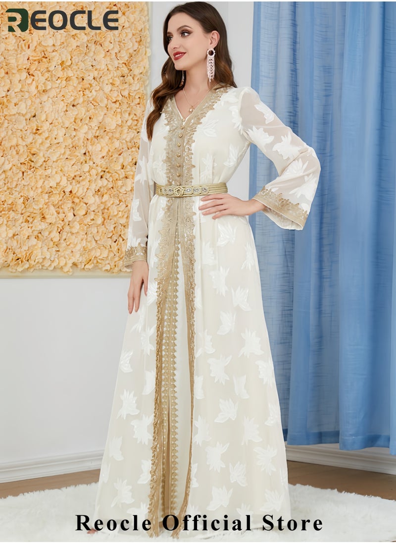 Women's Elegant Embroidered Kaftan Gown Luxury Chiffon Satin Maxi Dress with Golden Lace Details Formal Abaya for Weddings Banquets & Special Occasions