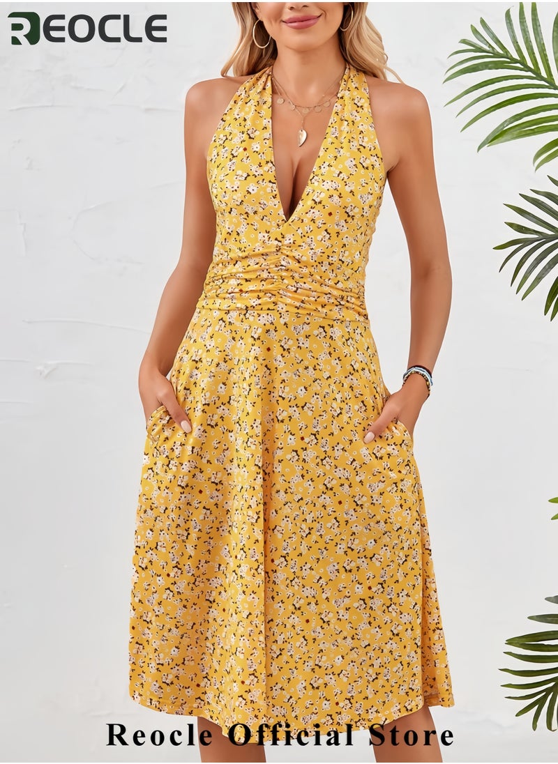 Women's Summer Sundress Sleeveless Halter Neck Spring Floral with Pocket Elastic Waist Ruffle Mini Dresses