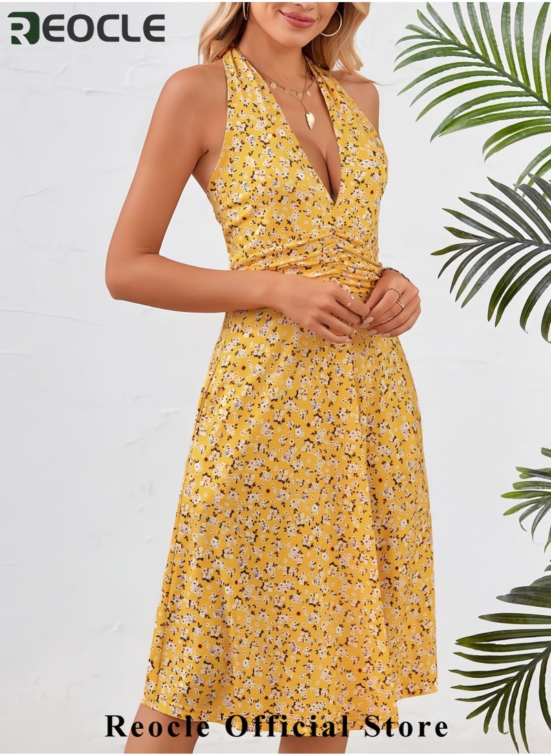 Women's Summer Sundress Sleeveless Halter Neck Spring Floral with Pocket Elastic Waist Ruffle Mini Dresses