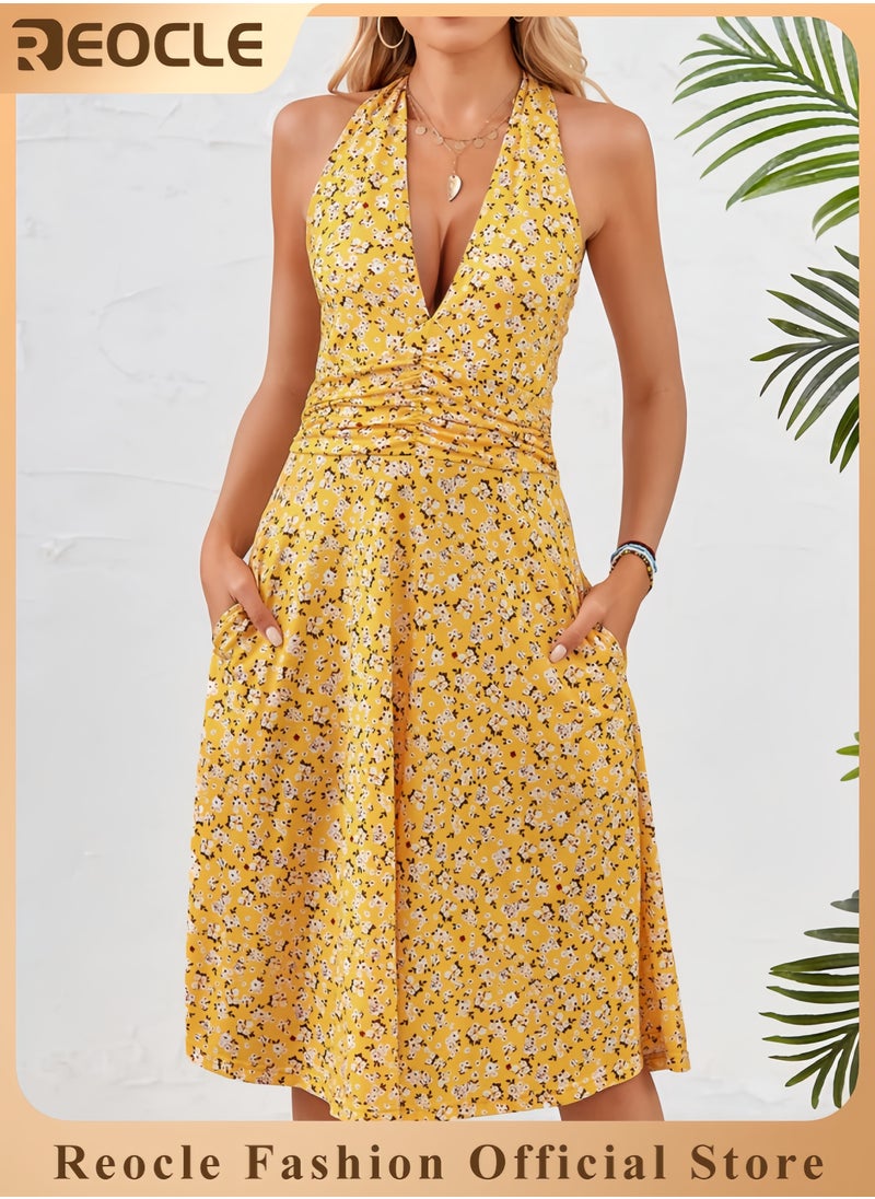 Women's Summer Sundress Sleeveless Halter Neck Spring Floral with Pocket Elastic Waist Ruffle Mini Dresses