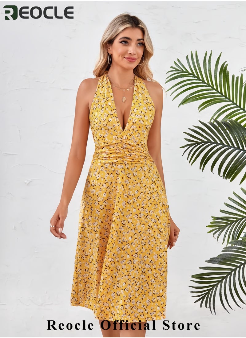 Women's Summer Sundress Sleeveless Halter Neck Spring Floral with Pocket Elastic Waist Ruffle Mini Dresses